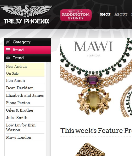 Trilby Phoenix This e-commerce website features a vertical product menu that divides goods into three main categories